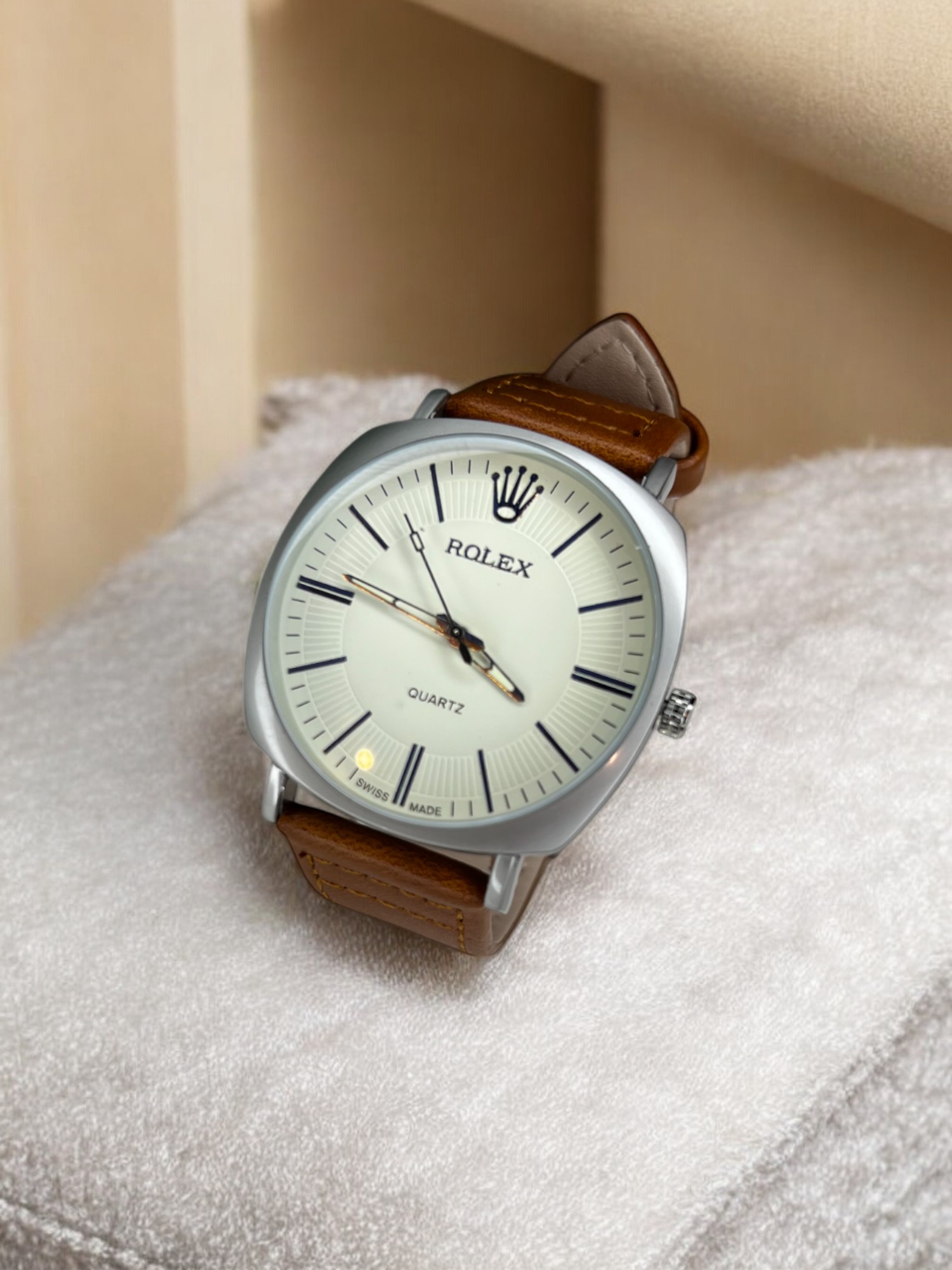 Rolex Brown Leather Strap Watch with White Dial